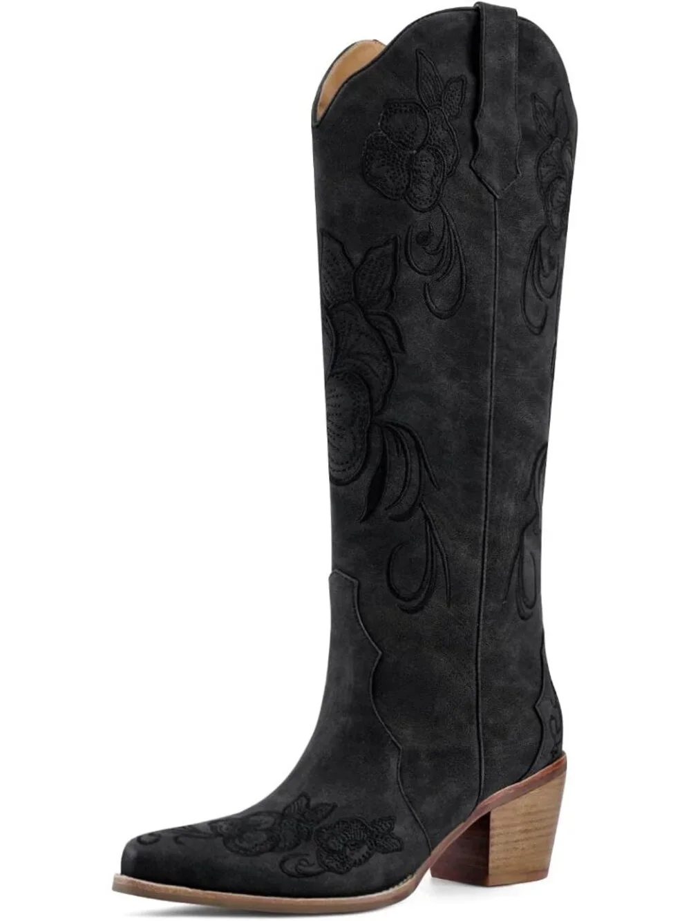 Women's Black Embroidery Classic Chunky Heel Western Cowgirl Knee High Boots
